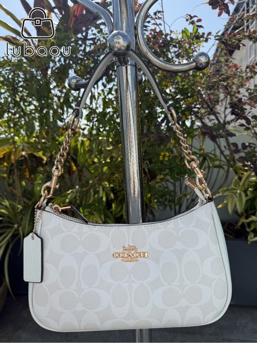 Coach White Signature Mini Shoulder Bag with Gold Hardware